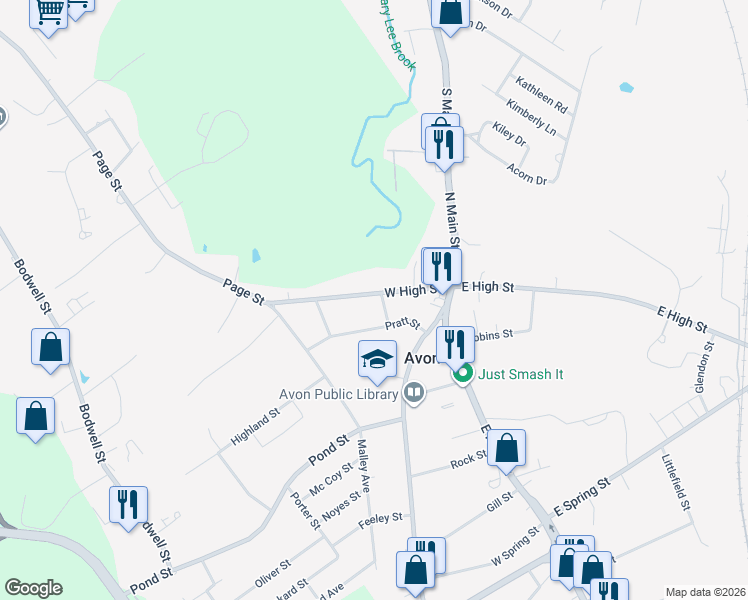 map of restaurants, bars, coffee shops, grocery stores, and more near 15 Old Pratt Street in Avon