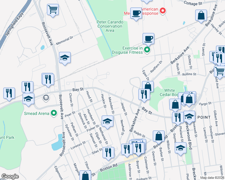 map of restaurants, bars, coffee shops, grocery stores, and more near 1368 Bay Street in Springfield