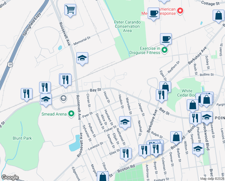 map of restaurants, bars, coffee shops, grocery stores, and more near 22 Gladstone Street in Springfield