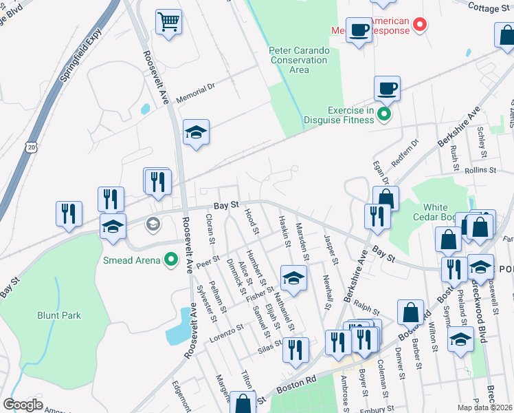 map of restaurants, bars, coffee shops, grocery stores, and more near 22 Gladstone Street in Springfield
