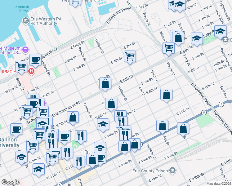 map of restaurants, bars, coffee shops, grocery stores, and more near 708 Cedar Street in Erie