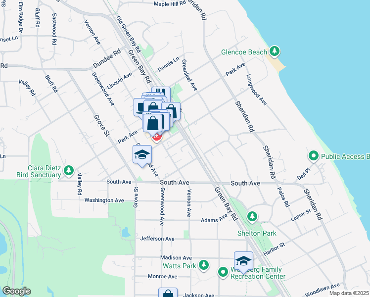 map of restaurants, bars, coffee shops, grocery stores, and more near 588 Green Bay Road in Glencoe