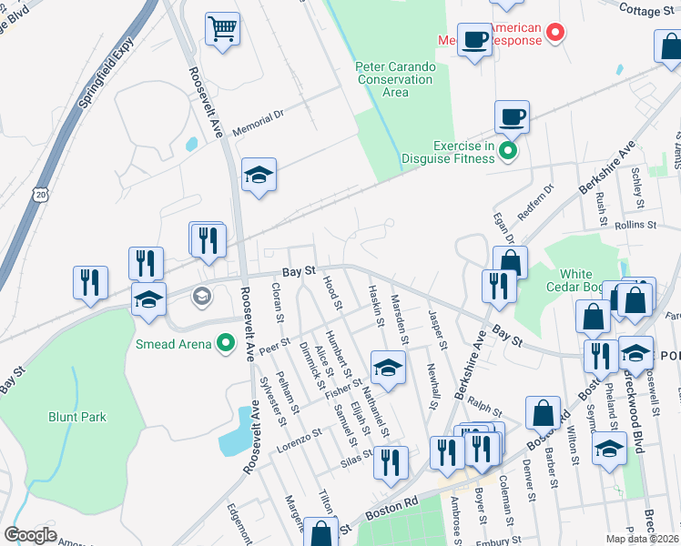 map of restaurants, bars, coffee shops, grocery stores, and more near 22 Gladstone Street in Springfield