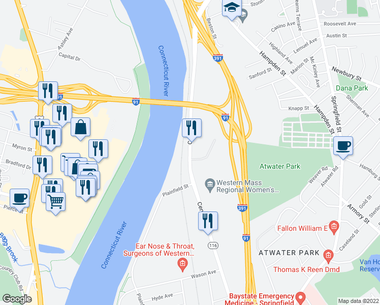 map of restaurants, bars, coffee shops, grocery stores, and more near 625 Center Street in Chicopee