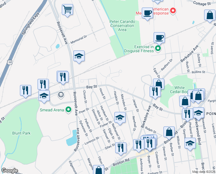 map of restaurants, bars, coffee shops, grocery stores, and more near 22 Gladstone Street in Springfield