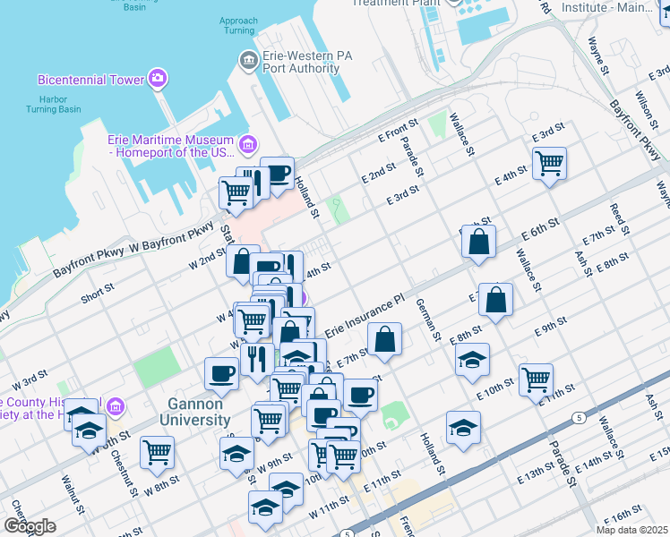 map of restaurants, bars, coffee shops, grocery stores, and more near 159 East 4th Street in Erie