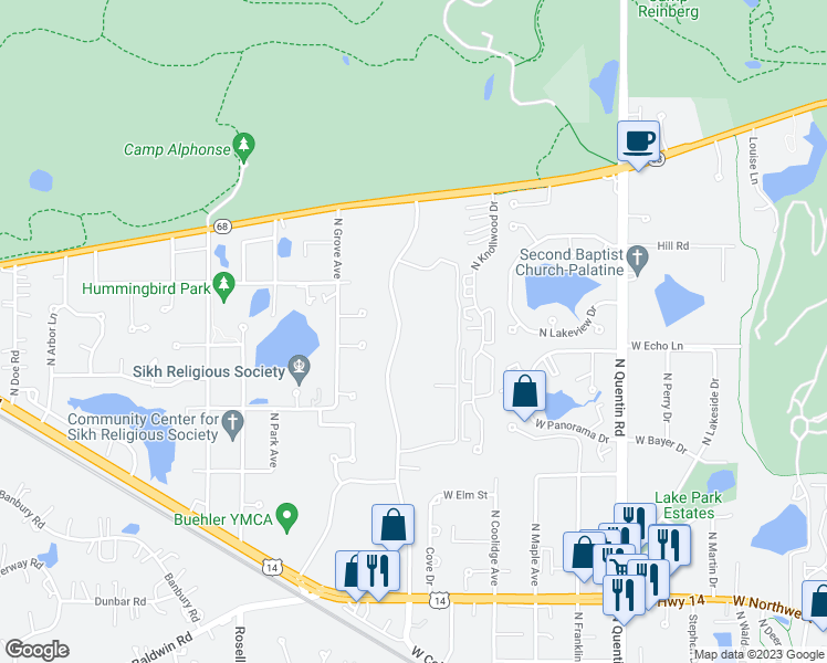 map of restaurants, bars, coffee shops, grocery stores, and more near 1205 North Sterling Avenue in Palatine