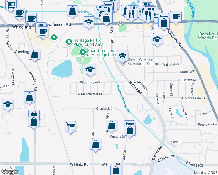 map of restaurants, bars, coffee shops, grocery stores, and more near 36 West Manchester Drive in Wheeling