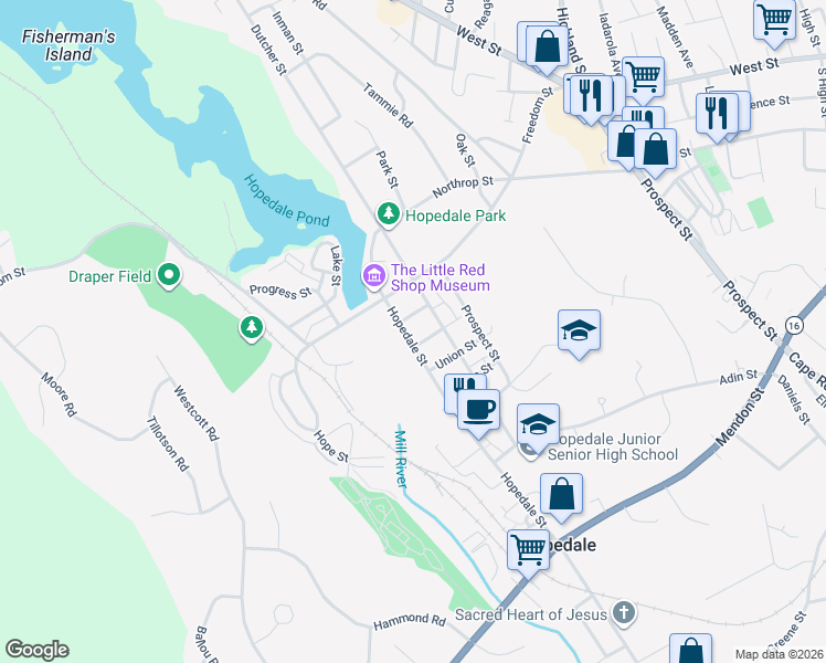 map of restaurants, bars, coffee shops, grocery stores, and more near 25 Hopedale Street in Hopedale