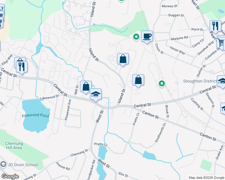 map of restaurants, bars, coffee shops, grocery stores, and more near 1779 Central Street in Stoughton
