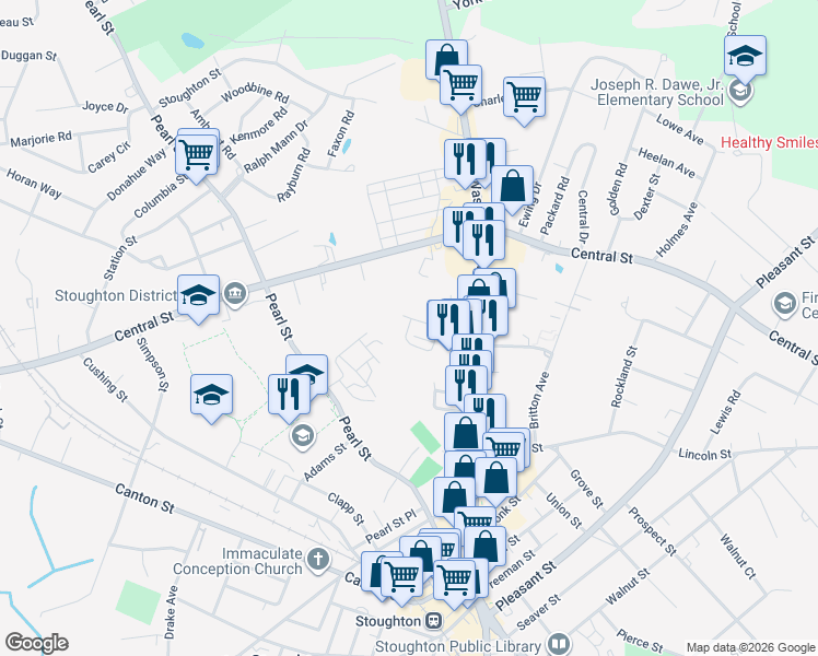 map of restaurants, bars, coffee shops, grocery stores, and more near 33 Bennett Drive in Stoughton