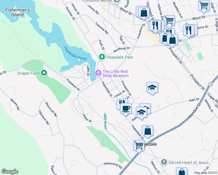 map of restaurants, bars, coffee shops, grocery stores, and more near 29 Hopedale Street in Hopedale