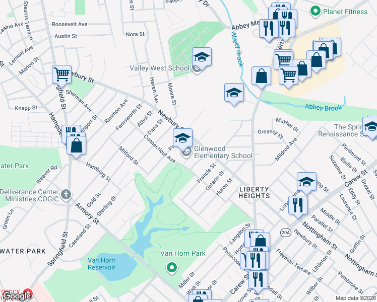 map of restaurants, bars, coffee shops, grocery stores, and more near 32 Parkin Street in Springfield