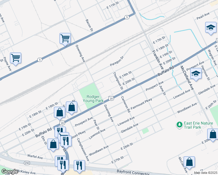 map of restaurants, bars, coffee shops, grocery stores, and more near 1808 Buffalo Road in Erie