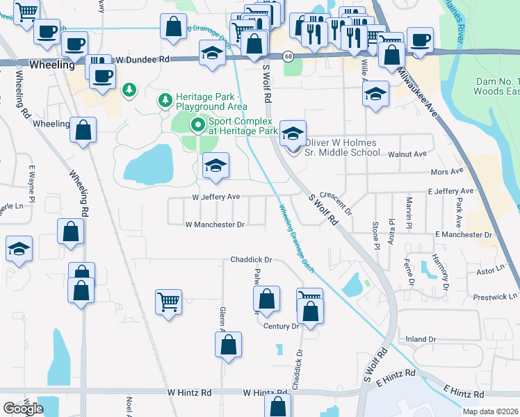 map of restaurants, bars, coffee shops, grocery stores, and more near 36 West Manchester Drive in Wheeling