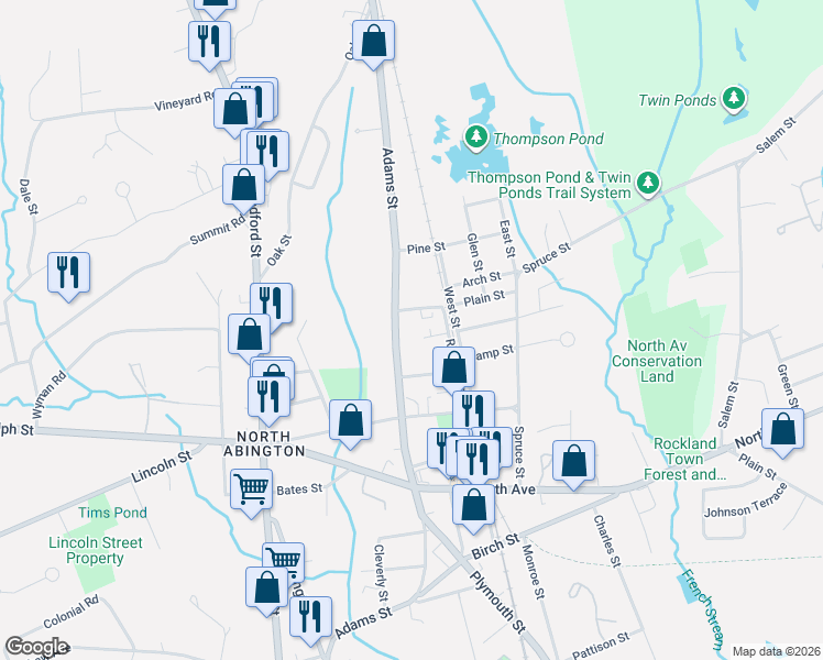 map of restaurants, bars, coffee shops, grocery stores, and more near 387 Adams Street in Abington