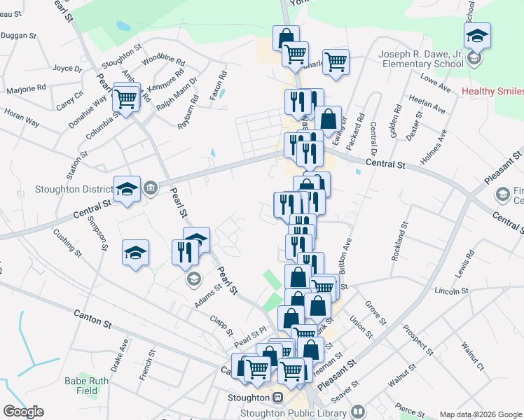 map of restaurants, bars, coffee shops, grocery stores, and more near 33 Bennett Drive in Stoughton