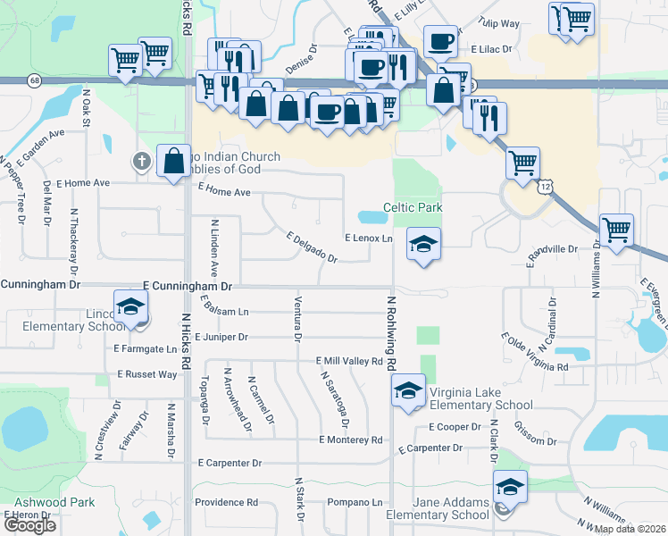 map of restaurants, bars, coffee shops, grocery stores, and more near 1215 North Elmwood Avenue in Palatine