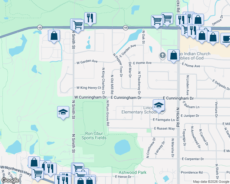 map of restaurants, bars, coffee shops, grocery stores, and more near 22 East Cunningham Drive in Palatine