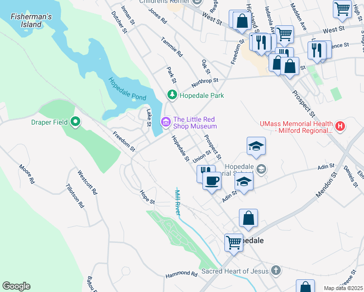 map of restaurants, bars, coffee shops, grocery stores, and more near 25 Hopedale Street in Hopedale