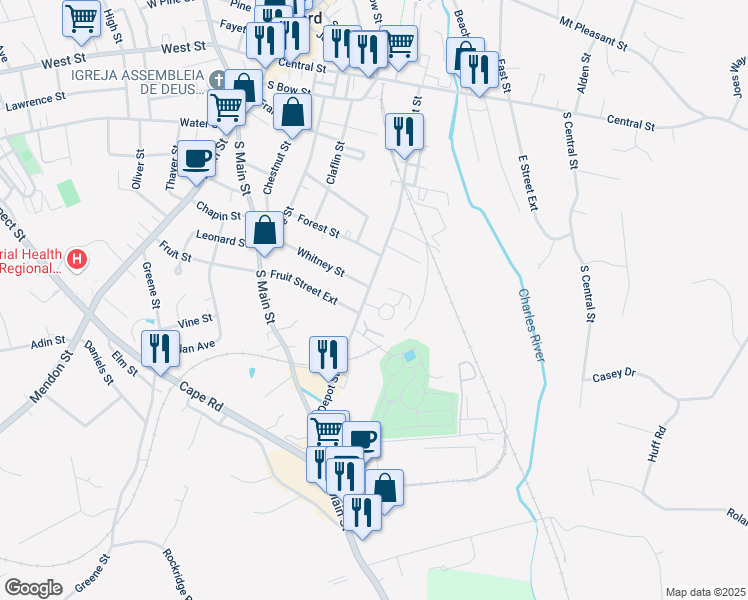 map of restaurants, bars, coffee shops, grocery stores, and more near 1 Pheasant Circle in Milford