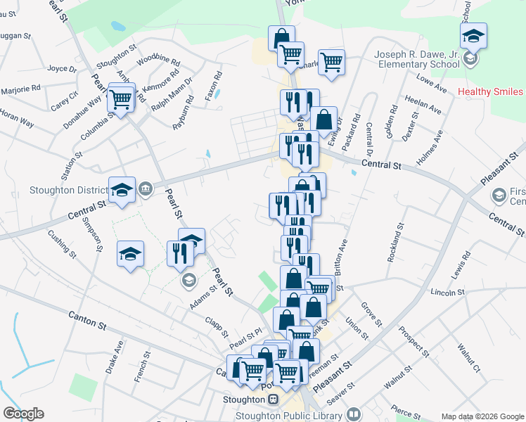 map of restaurants, bars, coffee shops, grocery stores, and more near 33 Bennett Drive in Stoughton
