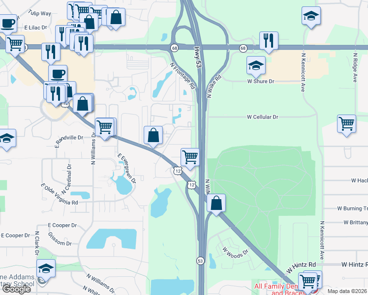 map of restaurants, bars, coffee shops, grocery stores, and more near 1225 Woodbury Lane in Palatine