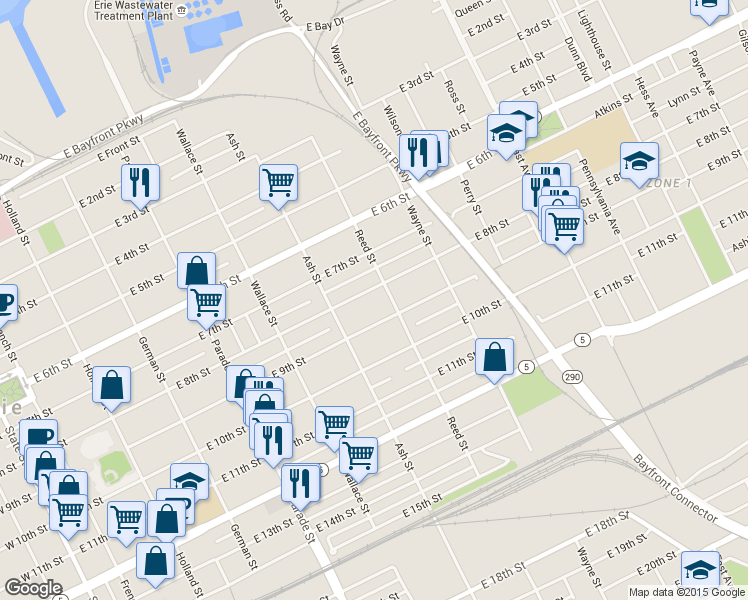 map of restaurants, bars, coffee shops, grocery stores, and more near 643 East 8th Street in Erie