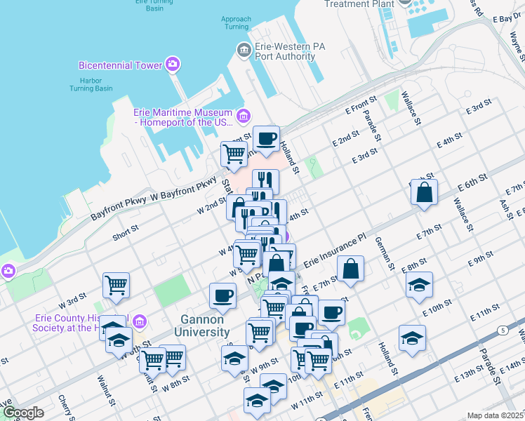 map of restaurants, bars, coffee shops, grocery stores, and more near 302 French Street in Erie