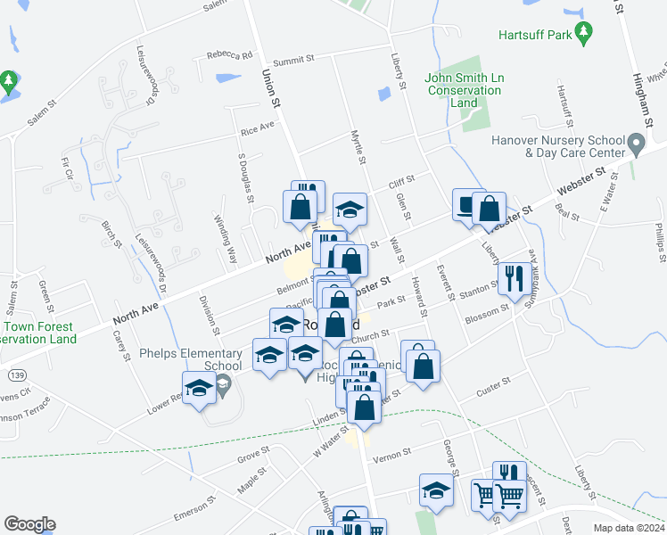 map of restaurants, bars, coffee shops, grocery stores, and more near 353-357 Union Street in Rockland