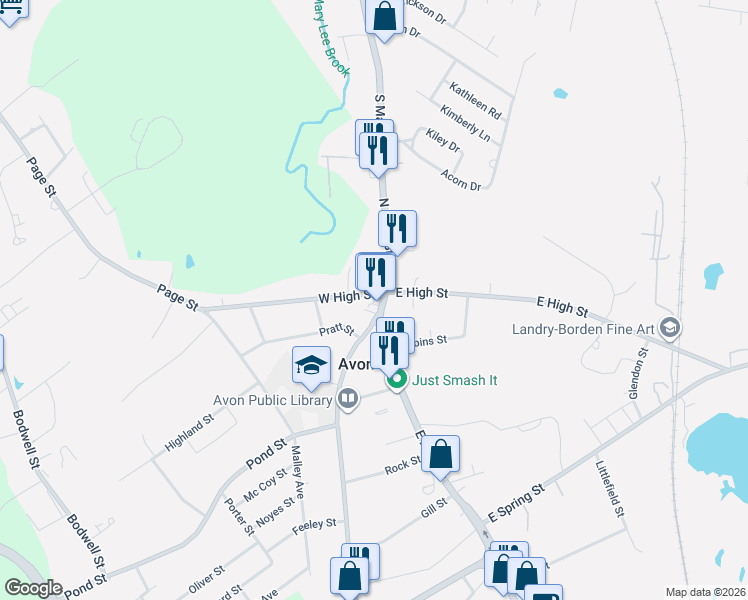 map of restaurants, bars, coffee shops, grocery stores, and more near in Avon