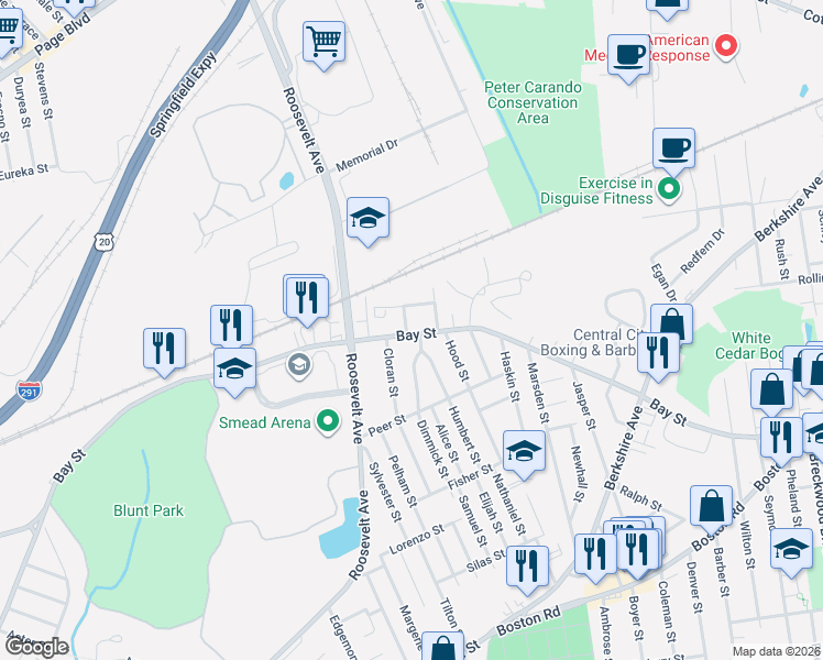 map of restaurants, bars, coffee shops, grocery stores, and more near 15 East Bay Path Terrace in Springfield