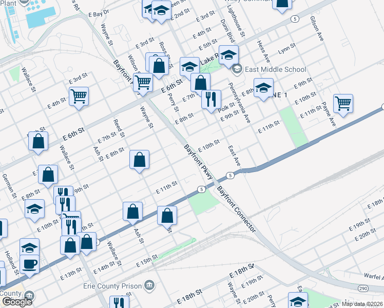map of restaurants, bars, coffee shops, grocery stores, and more near East Bayfront Parkway in Erie