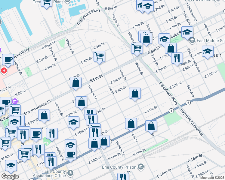 map of restaurants, bars, coffee shops, grocery stores, and more near 539-541 East 8th Street in Erie