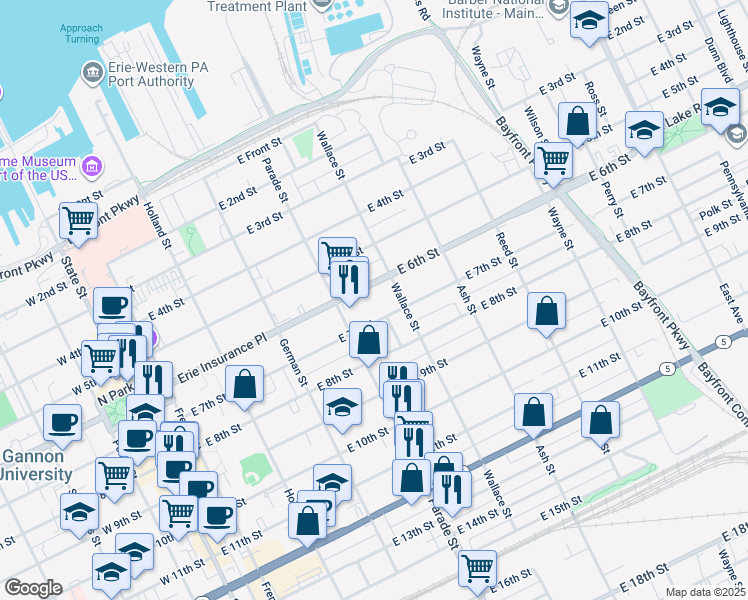 map of restaurants, bars, coffee shops, grocery stores, and more near 708 Cedar Street in Erie