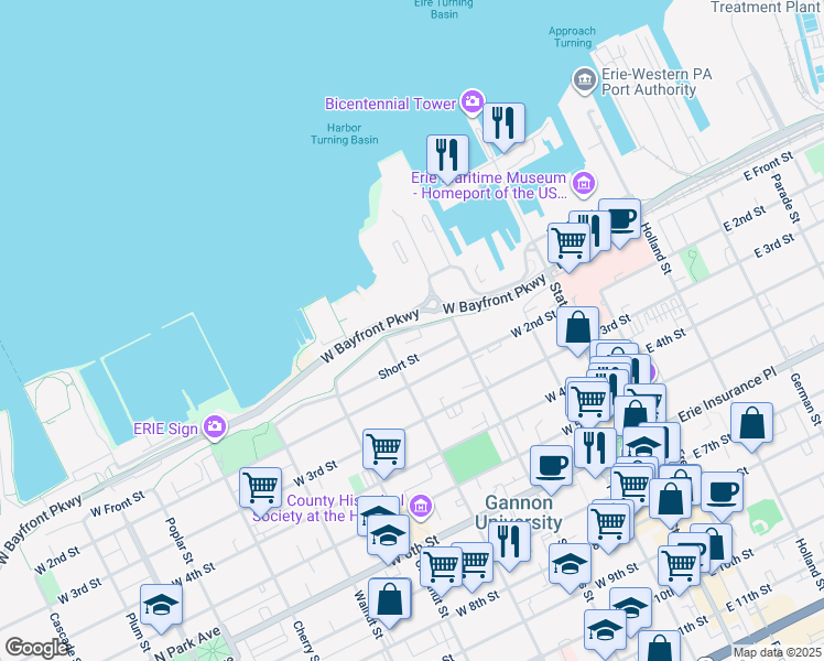 map of restaurants, bars, coffee shops, grocery stores, and more near 256 Short Street in Erie