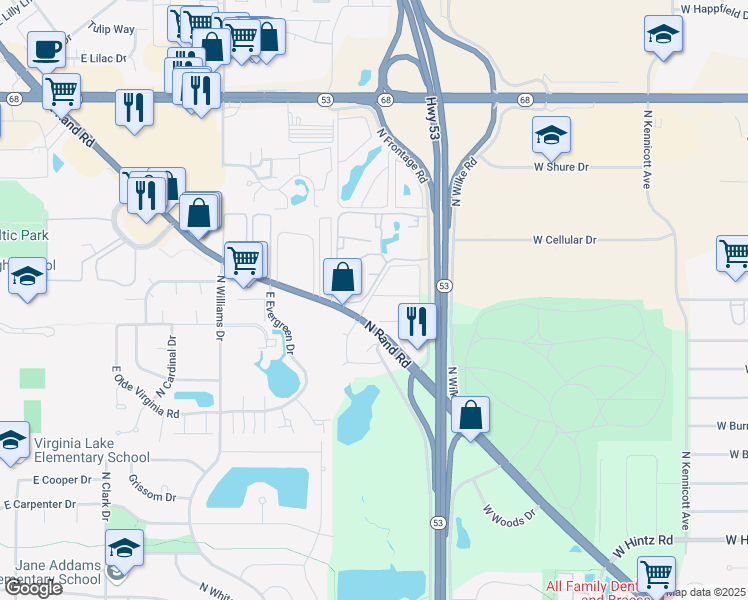 map of restaurants, bars, coffee shops, grocery stores, and more near 112 North Rand Road in Palatine