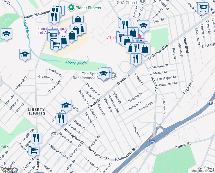 map of restaurants, bars, coffee shops, grocery stores, and more near 1170 Carew Street in Springfield