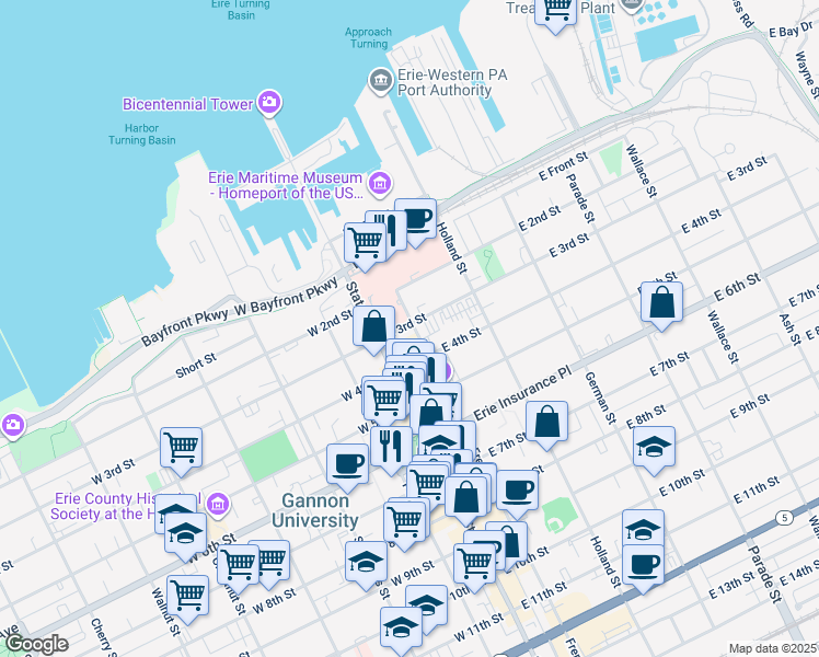 map of restaurants, bars, coffee shops, grocery stores, and more near 302 French Street in Erie