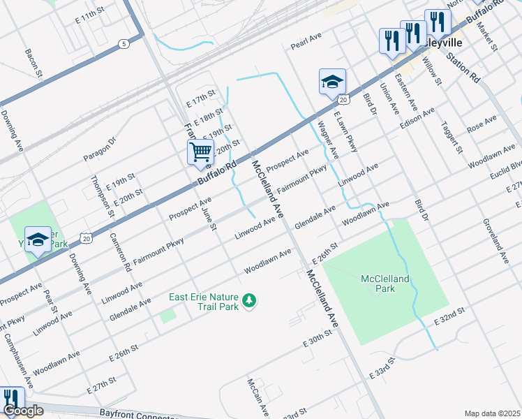 map of restaurants, bars, coffee shops, grocery stores, and more near 2245 Fairmont Parkway in Erie