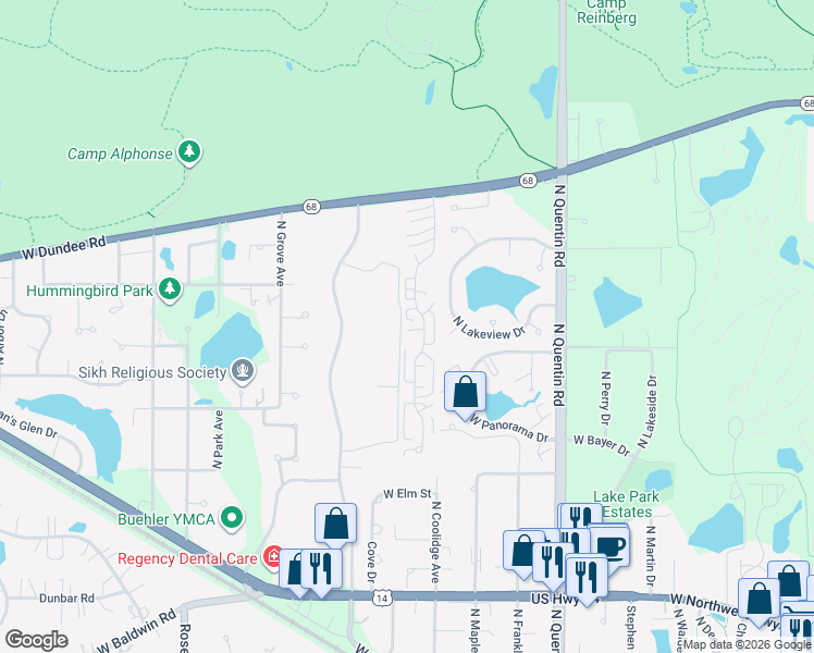 map of restaurants, bars, coffee shops, grocery stores, and more near 1228 North Knollwood Drive in Palatine