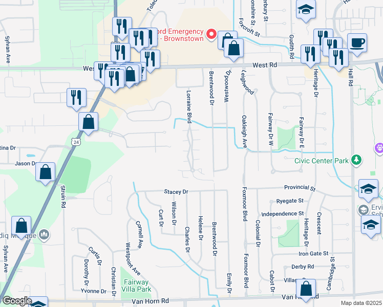map of restaurants, bars, coffee shops, grocery stores, and more near 23347 Stoflet Lane in Brownstown Charter Township