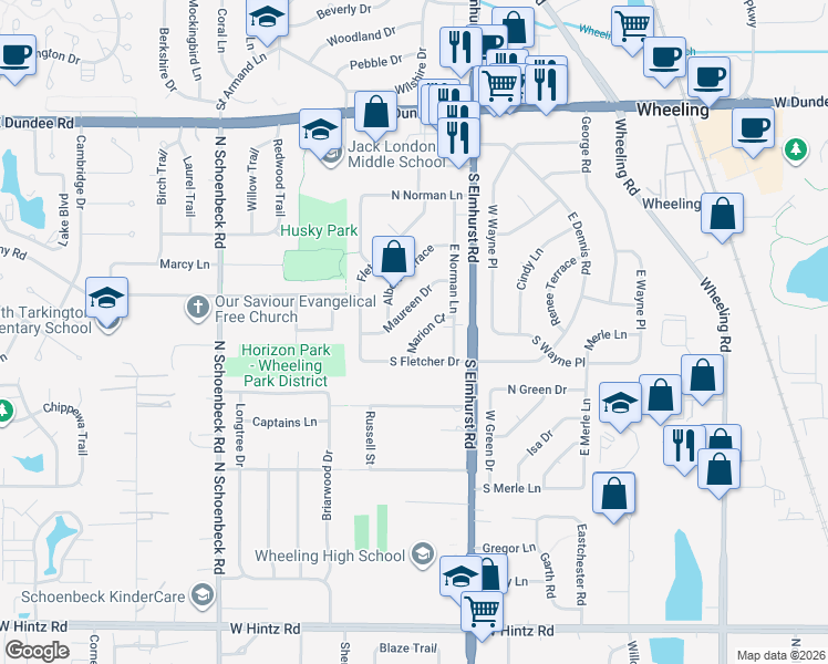 map of restaurants, bars, coffee shops, grocery stores, and more near 362 Marion Court in Wheeling