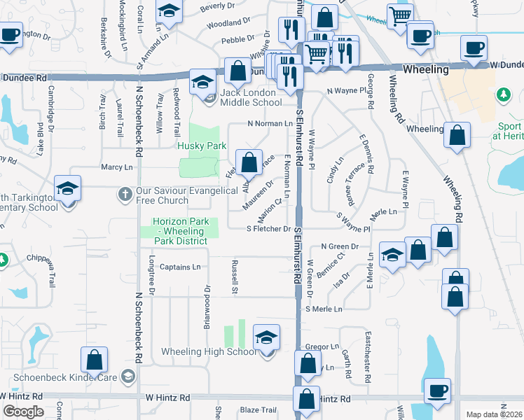 map of restaurants, bars, coffee shops, grocery stores, and more near 315 Maureen Drive in Wheeling