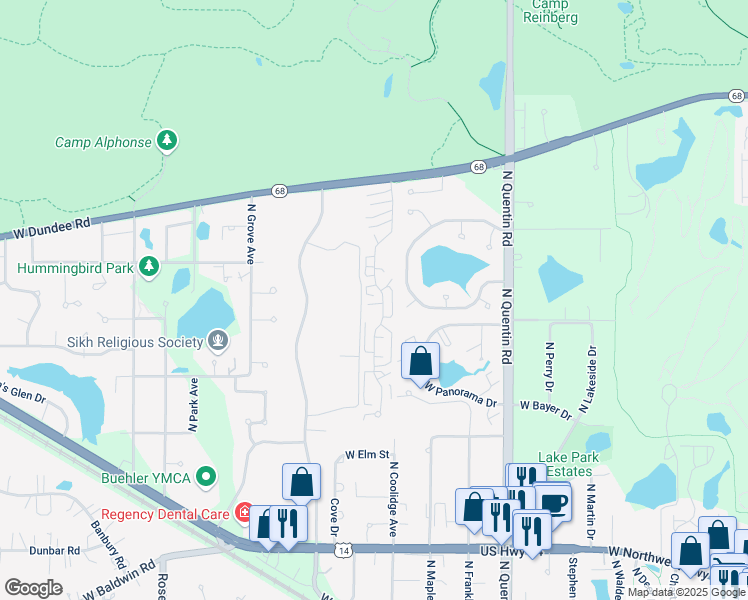 map of restaurants, bars, coffee shops, grocery stores, and more near 1258 North Knollwood Drive in Palatine