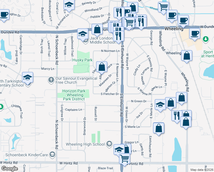 map of restaurants, bars, coffee shops, grocery stores, and more near 315 Maureen Drive in Wheeling
