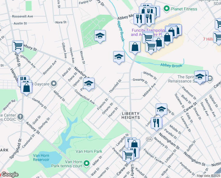 map of restaurants, bars, coffee shops, grocery stores, and more near 687 Newbury Street in Springfield