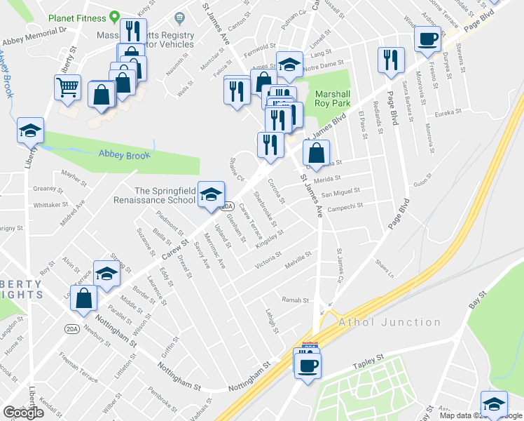 map of restaurants, bars, coffee shops, grocery stores, and more near 44 Sherbrooke Street in Springfield