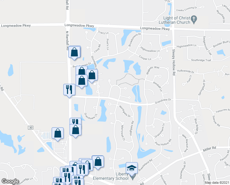 map of restaurants, bars, coffee shops, grocery stores, and more near 7077 Westwood Drive in Carpentersville