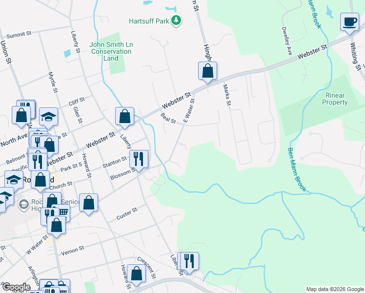 map of restaurants, bars, coffee shops, grocery stores, and more near 391 Massachusetts 123 in Rockland
